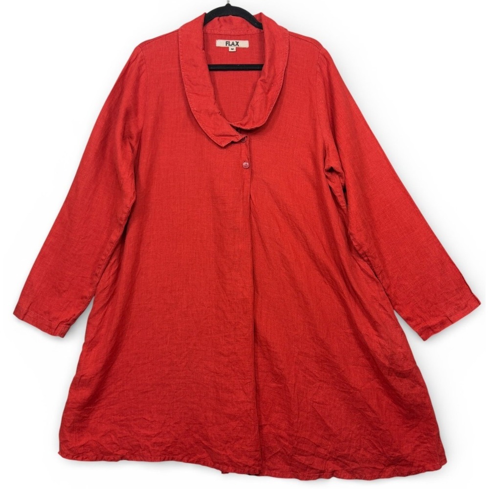 FLAX Red Linen Tunic Shirt Dress Button Front Cowl Neck Pockets Size‎ M